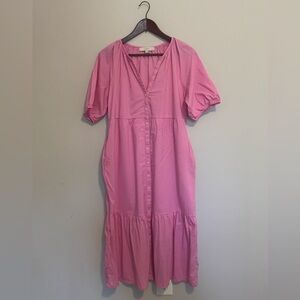 LOFT Pink Midi Dress Size XLP Button Front Feminine Cottagecore Ruffle Bright